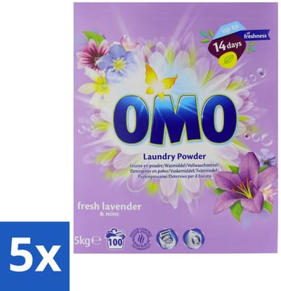 5 x Omo - Waspoeder - Lavendel & Mint - 5 kg - 100 Wasbeurten - Waspoeder - Wasmiddel - Lavendel En Mint - Reiniging - Wasbeurt