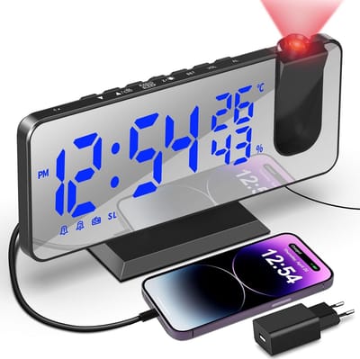 Wekkerradio met Projectie - Digitale Klok - FM-radio - Instelbare Helderheid - Projectiefunctie voor Plafondprojectie - Wekker met Sluimerfunctie - Compact Ontwerp - Moderne Ochtendroutine Essentials