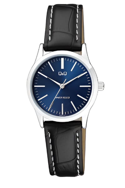 Q&Q C09A-014PY - Horloge - Analoog - Vrouwen - Dames - Blauw-Leren band - Rond - Metaal - Cijfers - Zwart- Zilverkleurig -3 ATM