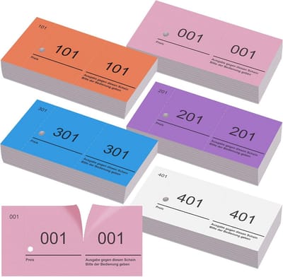 Dubbele Nummerblokjes 1-500: Tickets voor Evenementen, Loterij en Garderobe in 5 Kleuren