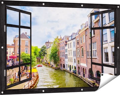 Gards Tuinposter Doorkijk Huizen aan de Oudegracht in Utrecht - 120x80 cm - Tuindoek - Tuindecoratie - Wanddecoratie buiten - Tuinschilderij