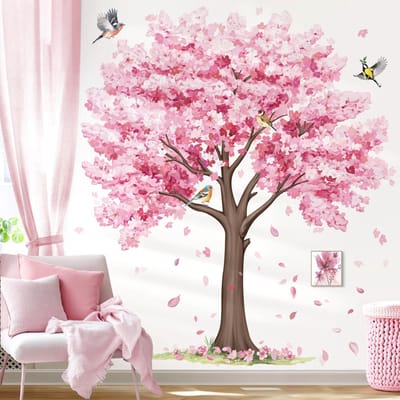Unyqoos® Decoratieve muursticker met roze kersenbloesem en vogels voor interieur