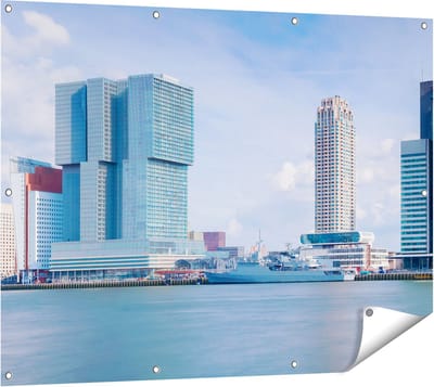 Gards Tuinposter Rotterdamse Skyline aan het Water - 120x90 cm - Tuindoek - Tuindecoratie - Wanddecoratie buiten - Tuinschilderij
