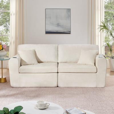 OKWISH 2-Zitsbank Compact Formaat - Met Opbergvak, Bekerhouder En Kussens - Voor Woonkamer Of Werkkamer - Chenille - Beige