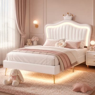 HAUSS SPOLE Kinderbed 90x200 cm - Gestoffeerd Bed Met Ledverlichting en Verstelbaar Hoofdbord - Zonder Matras - Kunstleer - Wit