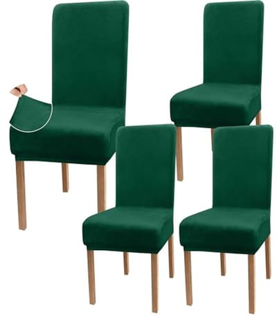Fluwelen stretch eetkamerstoelhoezen - Luxe armloze stoelbescherming (set van 4, donkergroen)