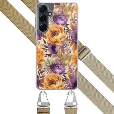 Hoesje met koord - Geschikt voor Samsung Galaxy A55 - Floral mix - Verstelbaar zwart koord - Crossbody - Bloemen - Oranje, Paars - Leuke Telefoonhoesjes