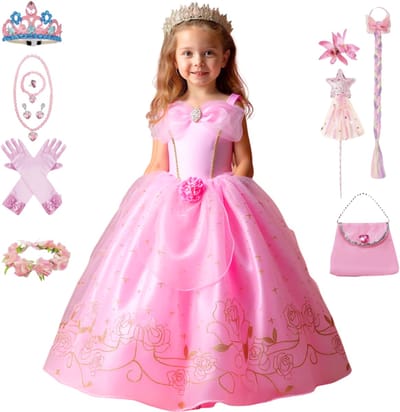 Joya Kids® Luxe Prinsessenjurk Lichtroze voor kinderen | Jurk met Glans & Tule | 11-delige Verkleedset met Accessoires | Verkleedjurk Meisje Tule Rok | Halloween kostuum | Carnaval kleding | Prinses kostuum Jurk | Maat 120