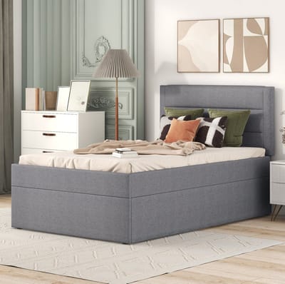 MEUNIQ eenpersoonsbed 90x200 cm met lattenbodem en opbergruimte onder het bed, gestoffeerd bedframe voor slaapkamer, zonder matras, grijs