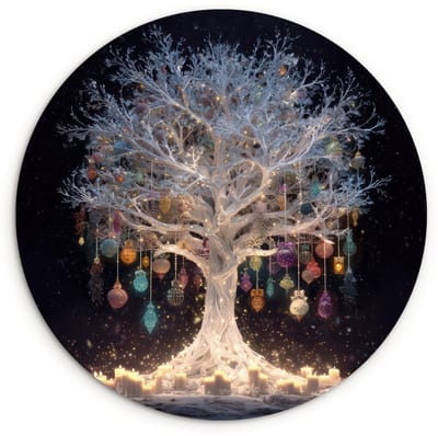 WallCircle® Wandcirkel 120x120 cm - Muurcirkel Sneeuwboom - Lichtjes - Wit - Kleurrijk - Muurdecoratie woonkamer - Wanddecoratie slaapkamer - Kamer decoratie accessoires - Ronde schilderijen XXL
