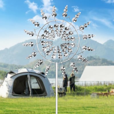3D metalen windmolen, unieke magische metalen windmolen tuin windgong spinner sculpturen windvanger voor buitenterrasdecoratie, terras, terras, gazon, tuin (zilver)