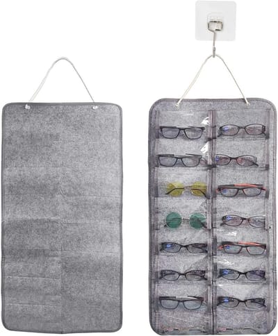 Opvouwbare brillenorganizer met 16 vakken, wandhouder van vilt voor zonnebrillen en accessoires, ideaal voor thuis en op reis, grijs