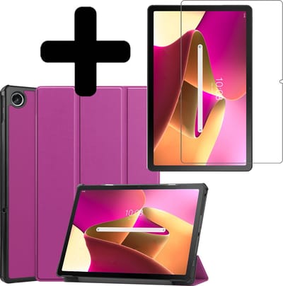 Hoes - Geschikt voor Lenovo Tab M10 Plus (3e / 3rd Generatie) - Met Screenprotector - Trifold Bookcase - Hard Cover - Hardcover Book Case - Tablet Hoesje - Paars