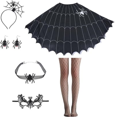 Vrouwelijke Spinnen Poncho Kostuums voor Halloween met Cloak, Oorbellen, Masker en Hoofdband Accessoires