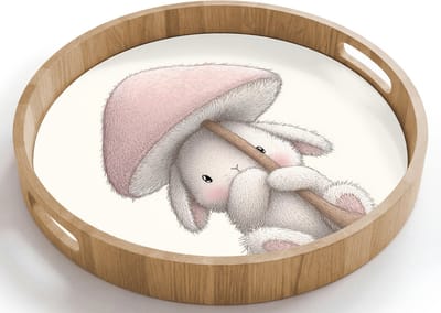 Dienblad rond 40x40 cm - Schootdienblad hout - Paddenstoel - Konijn - Roze - Borrelplank rechthoek - Plateau houten dienbladen