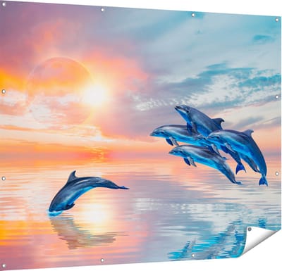 Gards Tuinposter Groep Dolfijnen Springen uit het Water - 150x120 cm - Tuindoek - Tuindecoratie - Wanddecoratie buiten - Tuinschilderij