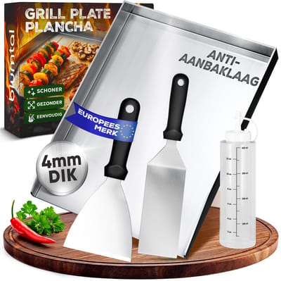 Blumtal Grillplaat met grillspatel - Set van 2 grillspatels met grillplaat en olieflesje - Roestvrijstaal