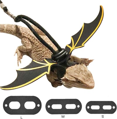 Oneay Verstelbaar leren tuigje/riem voor baardagamen (S/M/L, 3 maten, borsttas) met coole vleugels voor hagedissen, reptielen, amfibieën en andere kleine huisdieren - Goud