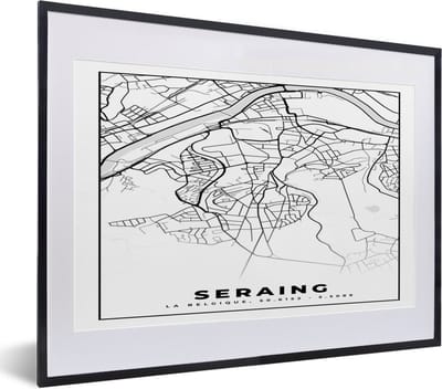 Fotolijst incl. Poster Zwart Wit- Zwart Wit – België – Plattegrond – Stadskaart – Kaart – Seraing - 40x30 cm - Posterlijst