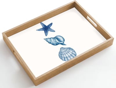 Dienblad hout 50x35 cm - Schootdienblad - Zeester - Schelpen - Blauw - Borrelplank rechthoek - Plateau dienbladen