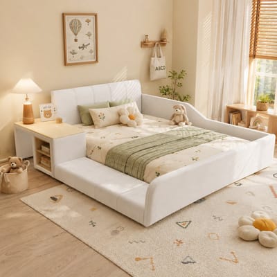 Kinderbed 140x200 cm - Tweepersoonsbed - Gestoffeerd bed - Vloerbed - Met opbergplanken - Met zacht hoofdeinde - Fluweelstof - Met bureau en stoel - Zacht en schokbestendig - Wit