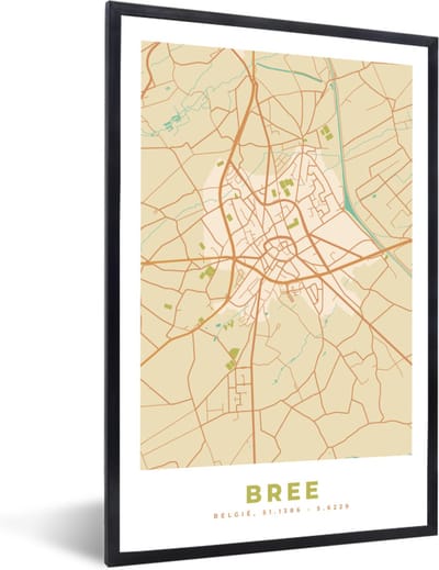 Fotolijst incl. Poster - Plattegrond - Kaart - Bree - Vintage - Stadskaart - 40x60 cm - Posterlijst