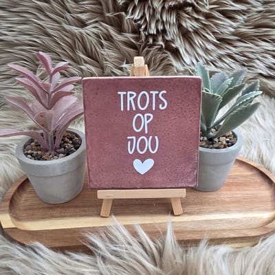 Robuust Wenstegeltje “Trots op Jou” – Lief Cadeautegeltje met Hartje – Trendy nu – Geslaagd – Vriend(in) – Familie – Gezin – Zomaar – Cadeau – Geslaagd – Decoratief Tegeltje met Standaard – Cadeau Idee