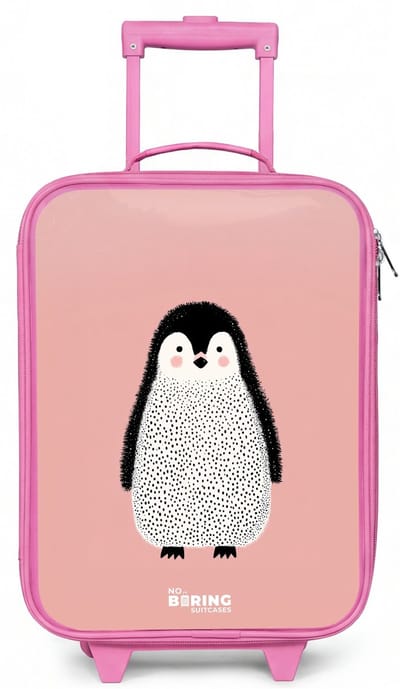 NoBoringSuitcases.com® - Kinderkoffer roze - Kindertrolley meisje - Pinguïn - Stippen - Roze - Minimalistisch - Koffer kind lichtgewicht - Reiskoffer trolley voor kinderen - Koffertje met lichtgevende wieltjes - Rolkoffer