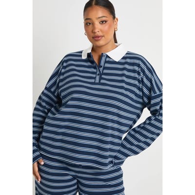 boohoo Dames Plus gestreepte top met kraag en knoopsluiting | Navy | Maat: 16
