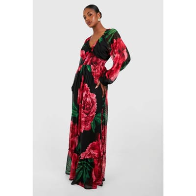 boohoo Dames Lange Bloemenprint Dobby Geplooide Maxi-Jurk | Zwart | Maat: 46