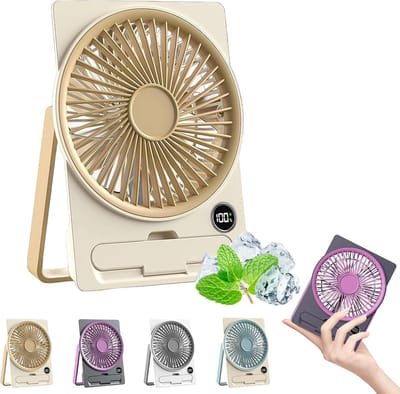 Bureauventilator – Ultradunne, oplaadbare USB-miniventilator – 180° verstelbaar & inklapbaar – Met telefoonhouder – 6 snelheidsstanden – Slim lcd-scherm – Geschikt voor kantoor en slaapkamer – Kaki