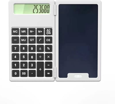 Bureaucalculator, kleine desktopcalculator met notitieblok, eenvoudige rekenmachine met 4 functies en grote knoppen, schoolbenodigdheden voor kinderen, middelbare scholieren (wit)