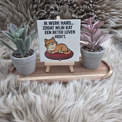 Wenstegeltje – Ik werk hard zodat mijn kat een beter leven heeft – Origineel cadeau – Keramiek 10x10 cm – Kattenliefhebber cadeautje – Kat – Decoratief Tegeltje met Standaard – Cadeau Idee