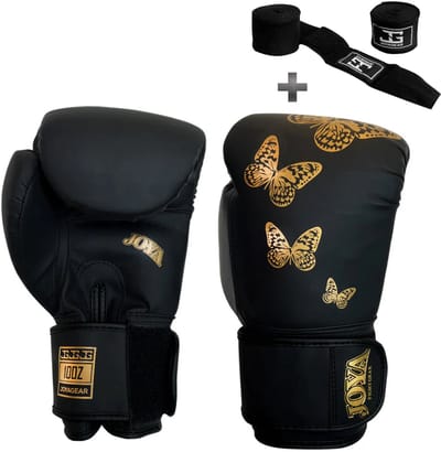 Joya Butterfly Kickbokshandschoenen voor Kinderen - 6 oz – Zwart/Goud – Synthetisch Leer – Optimale Schokabsorptie – Inclusief Bandage - Joya Fight Gear