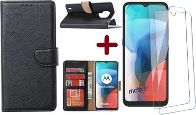 Geschikt voor Moto E7 hoesje - Geschikt voor Moto E7 wallet case portemonnee - Geschikt voor Moto E7 bookcase cover Zwart met - Geschikt voor Moto E7 screenprotector / 2 pack tempered glass