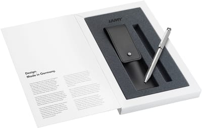 LAMY set bestaande uit 1x LAMY st Twin Pen 645 multischrijfsysteem met balpen en potlood van roestvrij staal in zilver en 1x etui van echt leer in zwart voor twee schrijfinstrumenten