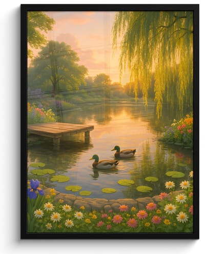 Poster in lijst - Fotolijst 60x80 cm - Posters - Eenden - Vijver - Bloemen - Posterlijst zwart - Decoratie - Wanddecoratie woonkamer - Muurdecoratie slaapkamer