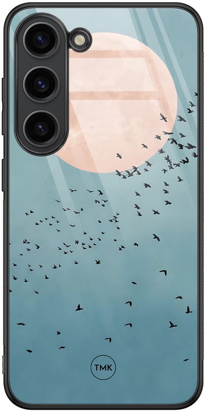 Hoesje geschikt voor Samsung Galaxy S23 - Moon birds - Blauw - TPU luxe case (glossy toplaag) - Vogel - Hardcase backcover zwart