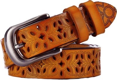 Sorprese Riem Dames - Flower - Cognacbruin - Leer - 80-110 cm - Broekriem - Inkortbaar - Verstelbaar
