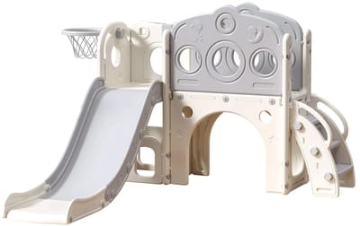 M-Goods - 4-in-1 Kinderglijbaan - Peuter Glijbaan Binnen - Met Trap, Basketbalring & Opbergruimte - Opvouwbaar - Beige/Grijs