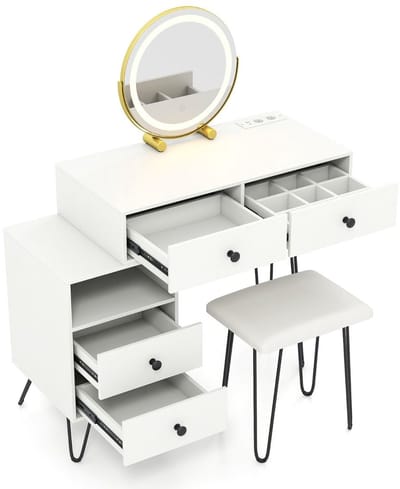 Kaptafel met spiegel en verlichting - Make up tafel - Make up - Toilettafel -Met lades - Kaptafels - Met kast - Wit + Zwart