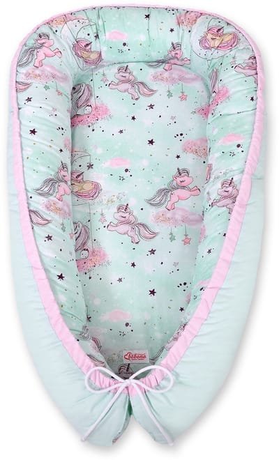 Babynest dubbelzijdig Premium Cocoon voor baby's BOBONO- eenhoorn mint/mint