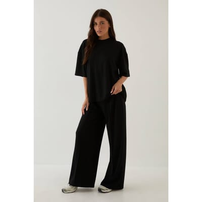 Dames Dsgn Studio Supersoft Oversized T-shirt & Wide Leg Broek Set | Zwart | Maat: XL