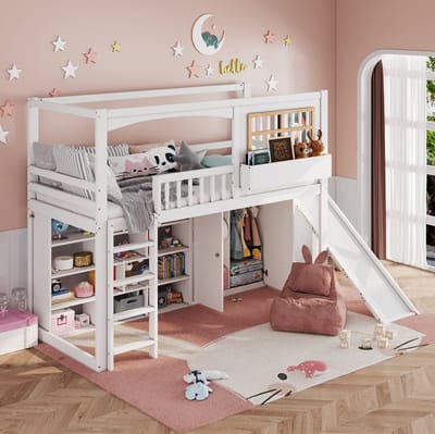 MEUNIQ hoogslaper voor kinderen 90x200 cm met glijbaan, vierstaps trap, uitvalbeveiliging en opbergruimte, voor kinderkamer in wit
