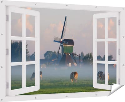 Gards Tuinposter Doorkijk Landschap met Koeien - 180x120 cm - Tuindoek - Tuindecoratie - Wanddecoratie buiten - Tuinschilderij