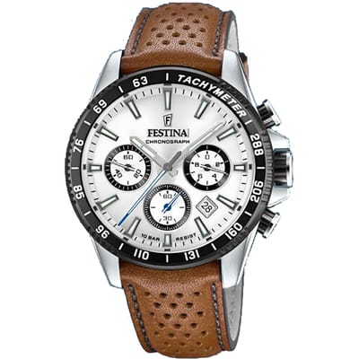 Festina tijdloze chronograaf lederen band witte wijzerplaat F20561-1 F205611 100M herenhorloge wit