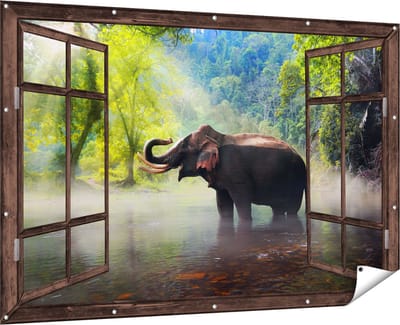 Gards Tuinposter Doorkijk Olifant in het Water - 180x120 cm - Tuindoek - Tuindecoratie - Wanddecoratie buiten - Tuinschilderij