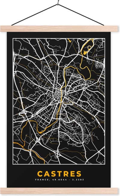 Posterhanger incl. Poster 40x60 cm - Schoolplaat - Plattegrond – Castres – Stadskaart – Kaart – Frankrijk - Textielposter - Blanke latten - Stadskaart