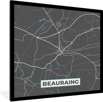 Fotolijst incl. Poster - België – Beauraing – Stadskaart – Kaart – Blauw – Plattegrond - 40x40 cm - Posterlijst