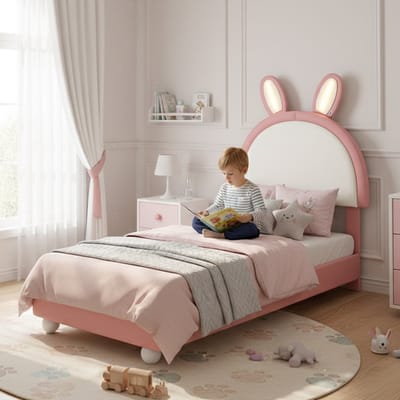 Gestoffeerd kinderbed - 90x200cm - Konijnen hoofdbord met LED lichtstrip en antibotsrand - lattenbodem - PU + multiplex - roze wit